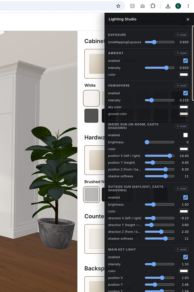 The Lighting Studio panel: exposure, ambient, hemisphere and sun controls tuning how the room renders
