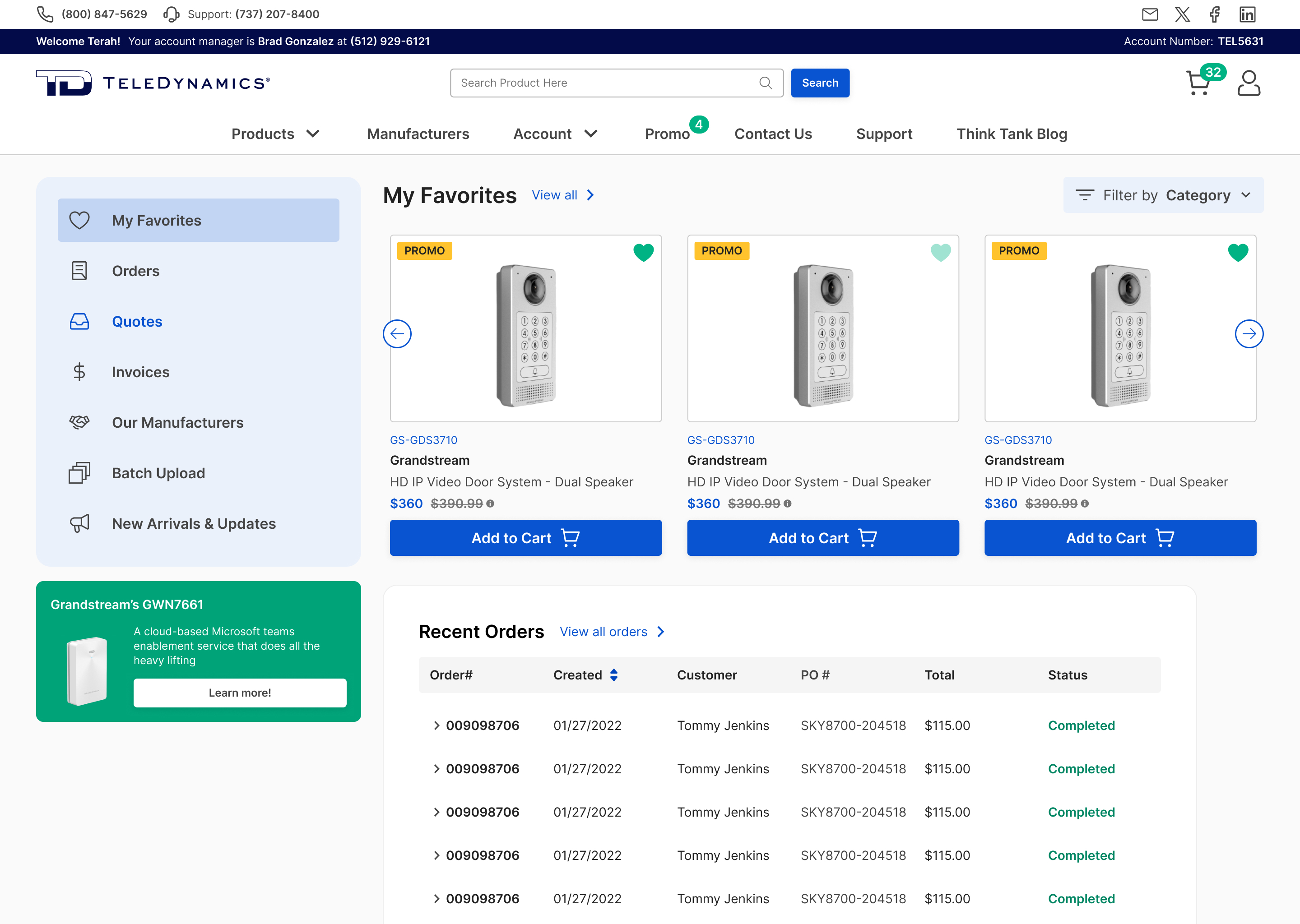 The Teledynamics storefront: a customer dashboard with favourited products, promotions and recent orders