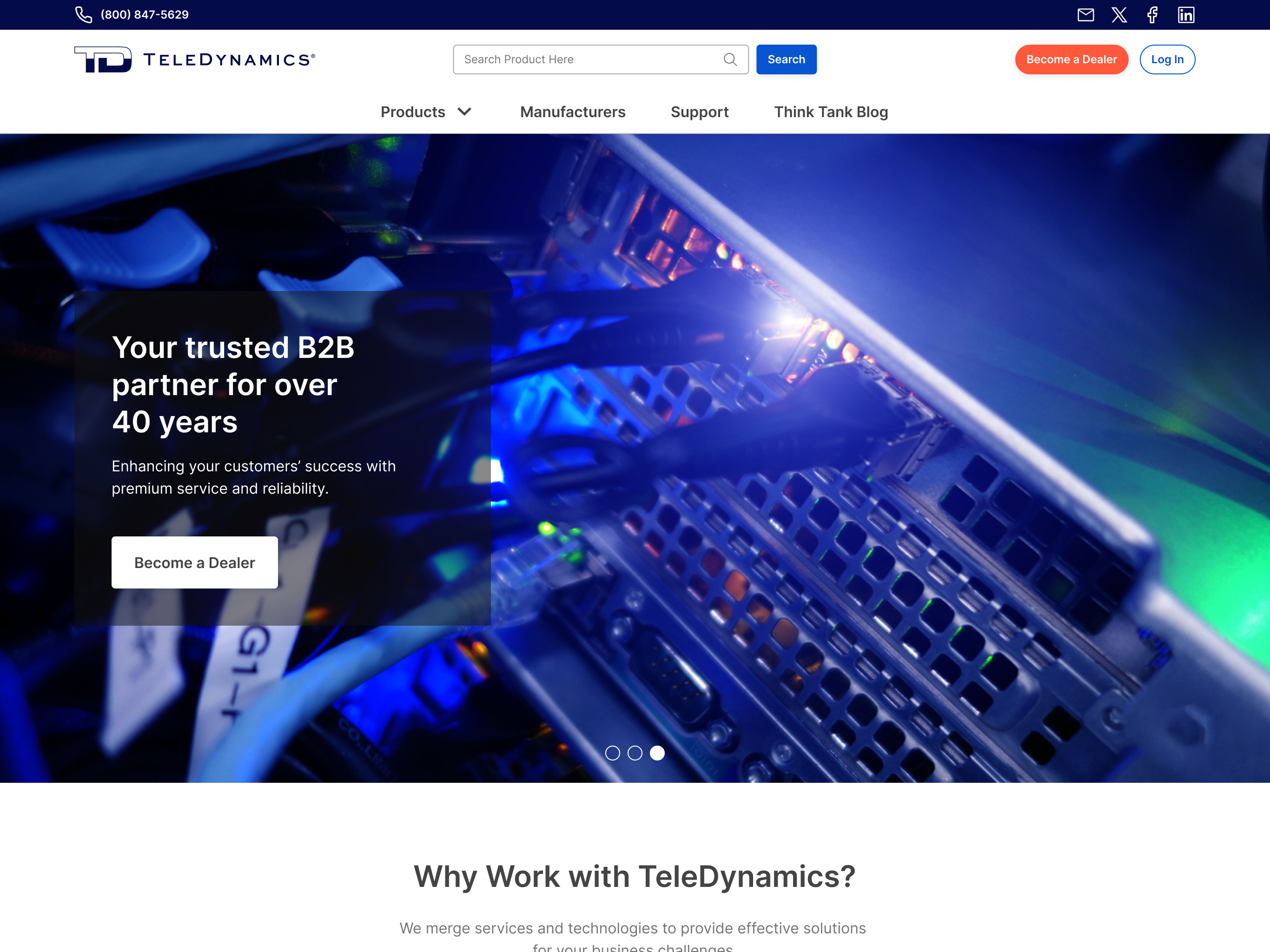 The Teledynamics marketing site: a hero promoting forty years as a B2B partner over a photograph of network hardware