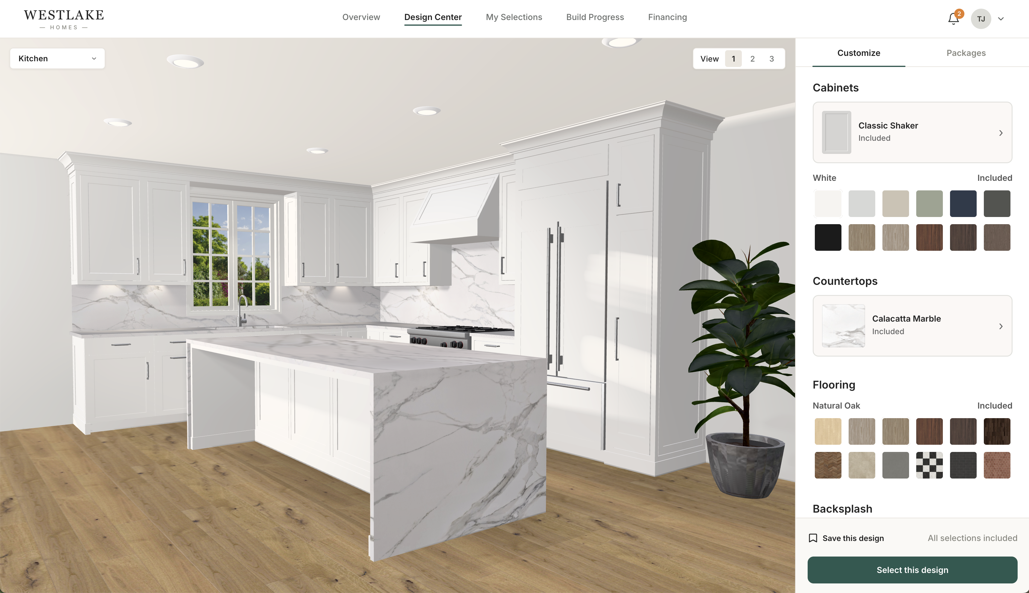 The Envision design center: a kitchen rendering beside panels for choosing cabinets, countertops and flooring