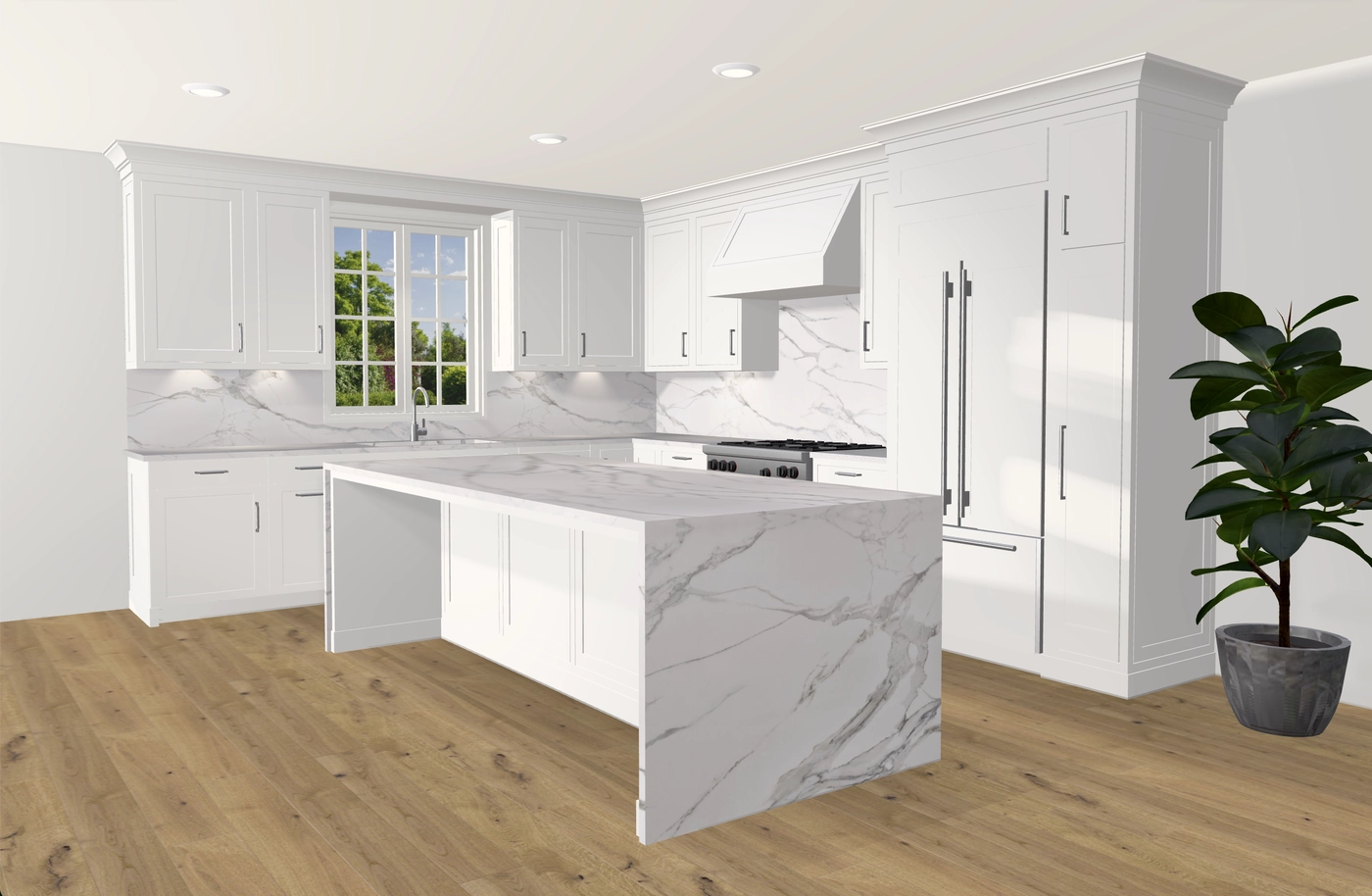 Envision kitchen design — white shaker cabinets with a marble waterfall island